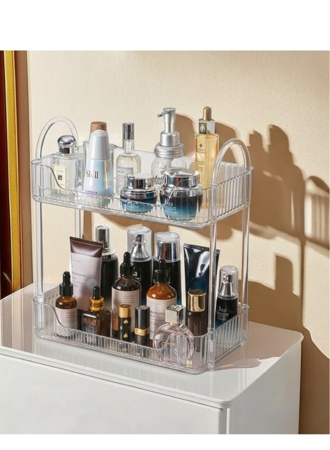 منظم مكياج أكريليك شفاف بطبقتين – رف تخزين مستحضرات التجميل والعناية بالبشرة – منظم عطور وكريمات وسيروم وزجاجات العناية – تصميم أنيق موفر للمساحة – مناسب لطاولة التسريحة والحمام وغرفة النوم – سهل التنظيف ومتين للاستخدام اليومي 30*17 سم - Image 3